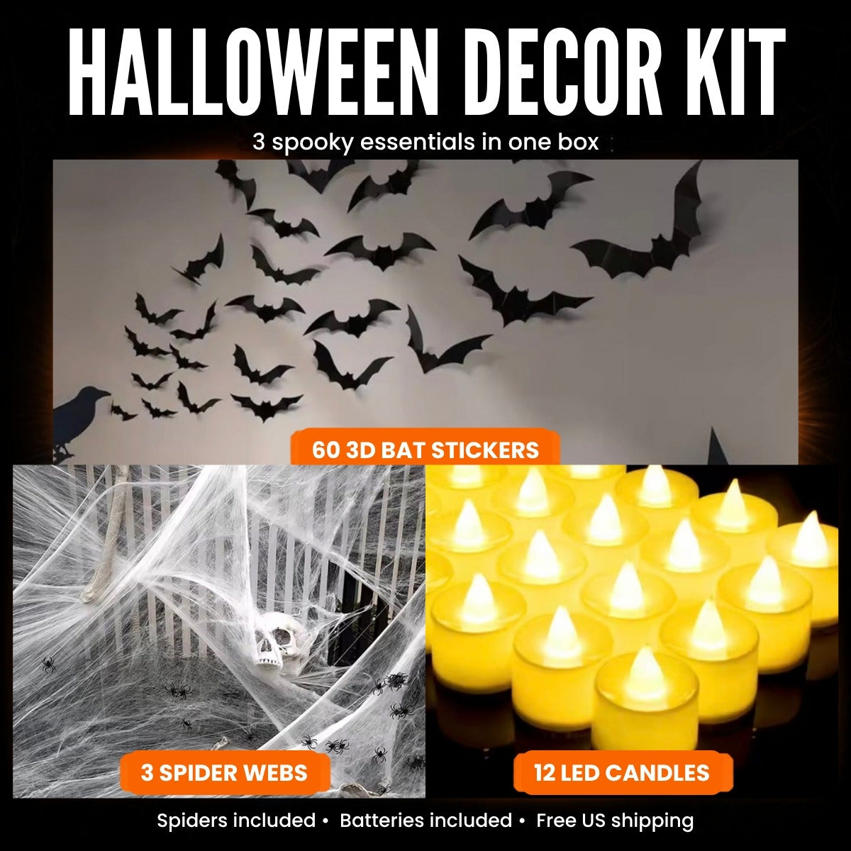 Halloween Decor Kit: 60 3D bat stickers, 3 spider webs and 12 LED candles