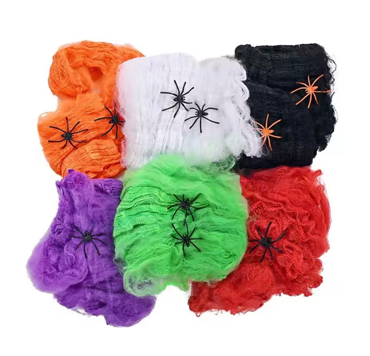 Stretchy Spider Web with Spiders – Halloween Cobweb Decoration (5 Colors)