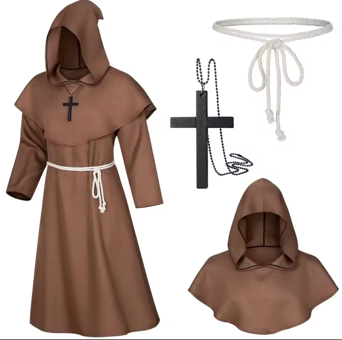 Medieval Monk Robe Costume – Hooded Friar, Sorcerer & Priest Set with Rope Belt & Cross