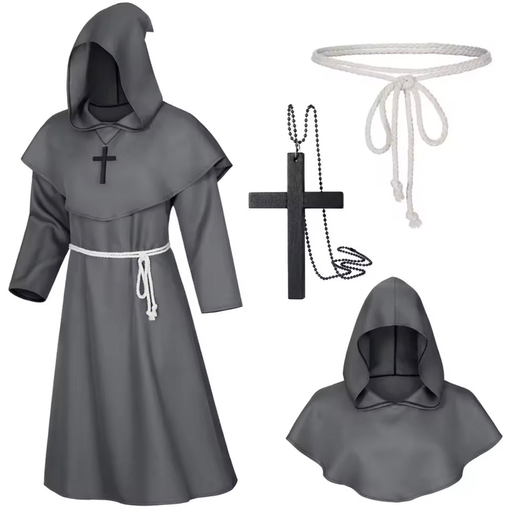 Medieval Monk Robe Costume – Hooded Friar, Sorcerer & Priest Set with Rope Belt & Cross