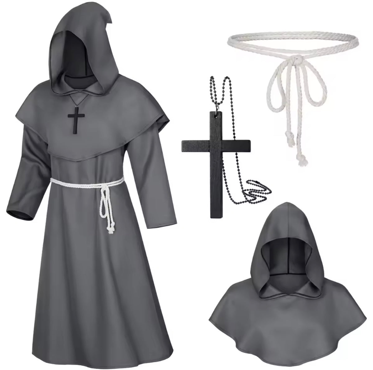 Medieval Monk Robe Costume – Hooded Friar, Sorcerer & Priest Set with Rope Belt & Cross