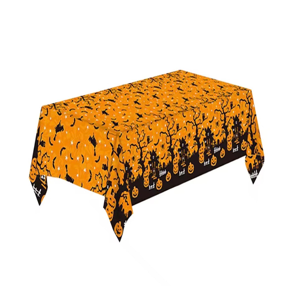 Halloween Tablecloth – Pumpkin, Ghost & Haunted House Plastic Table Cover (51" x 87")