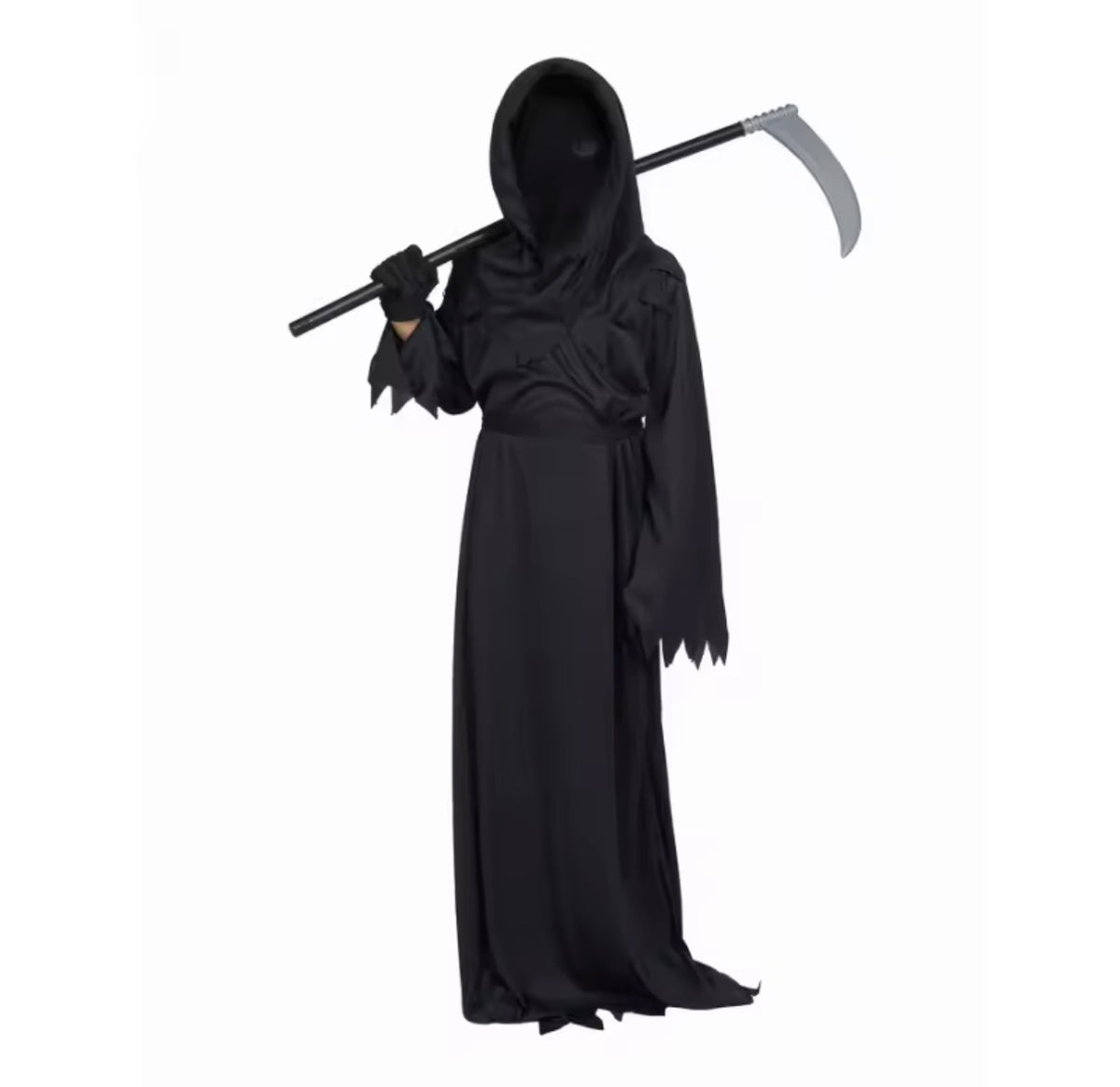 Grim Reaper Costume – Faceless Hooded Robe with Scythe, Gloves & Belt