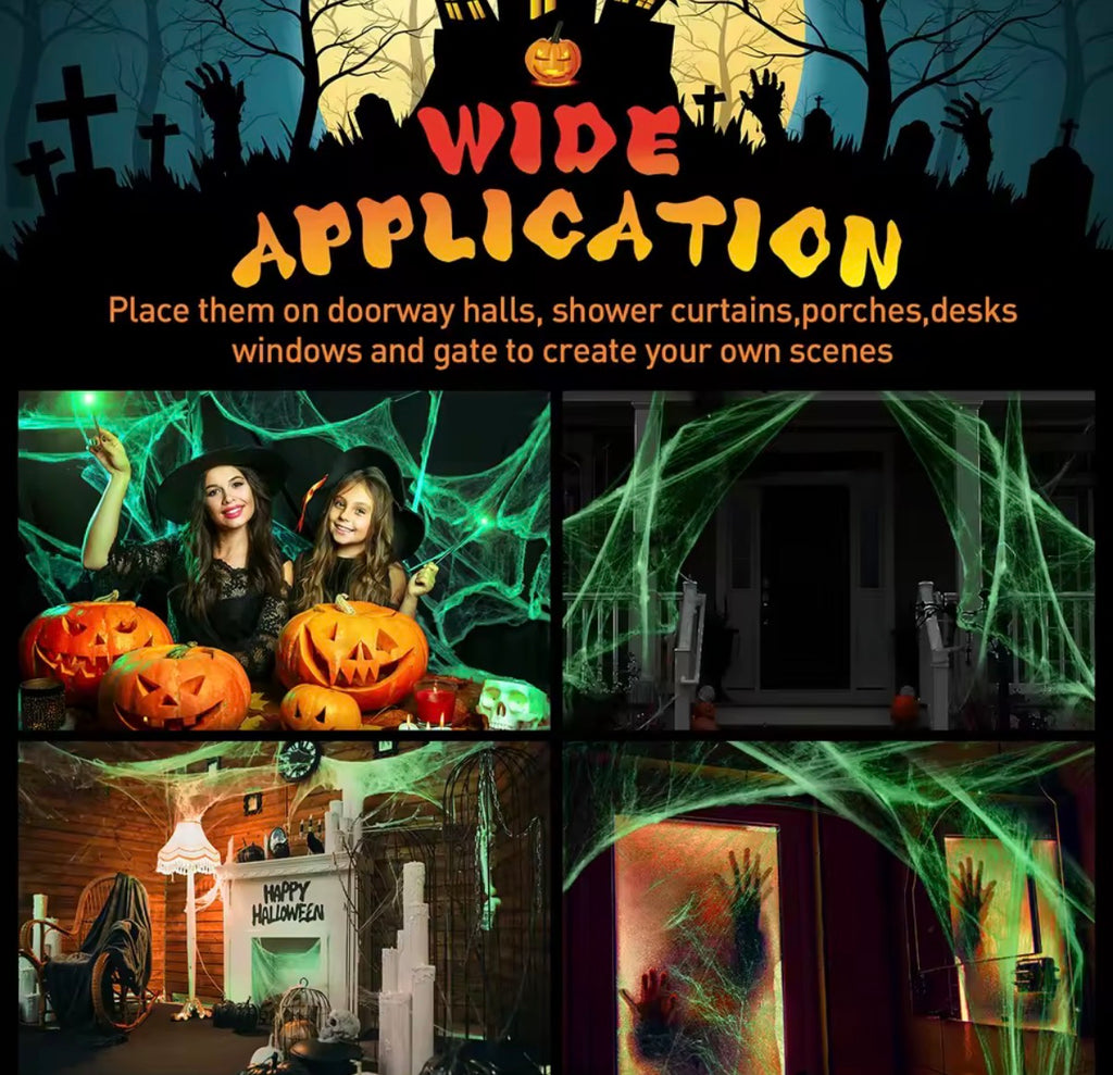 Glow in the Dark Stretch Spider Web with Spiders – Halloween Indoor & Outdoor Decor
