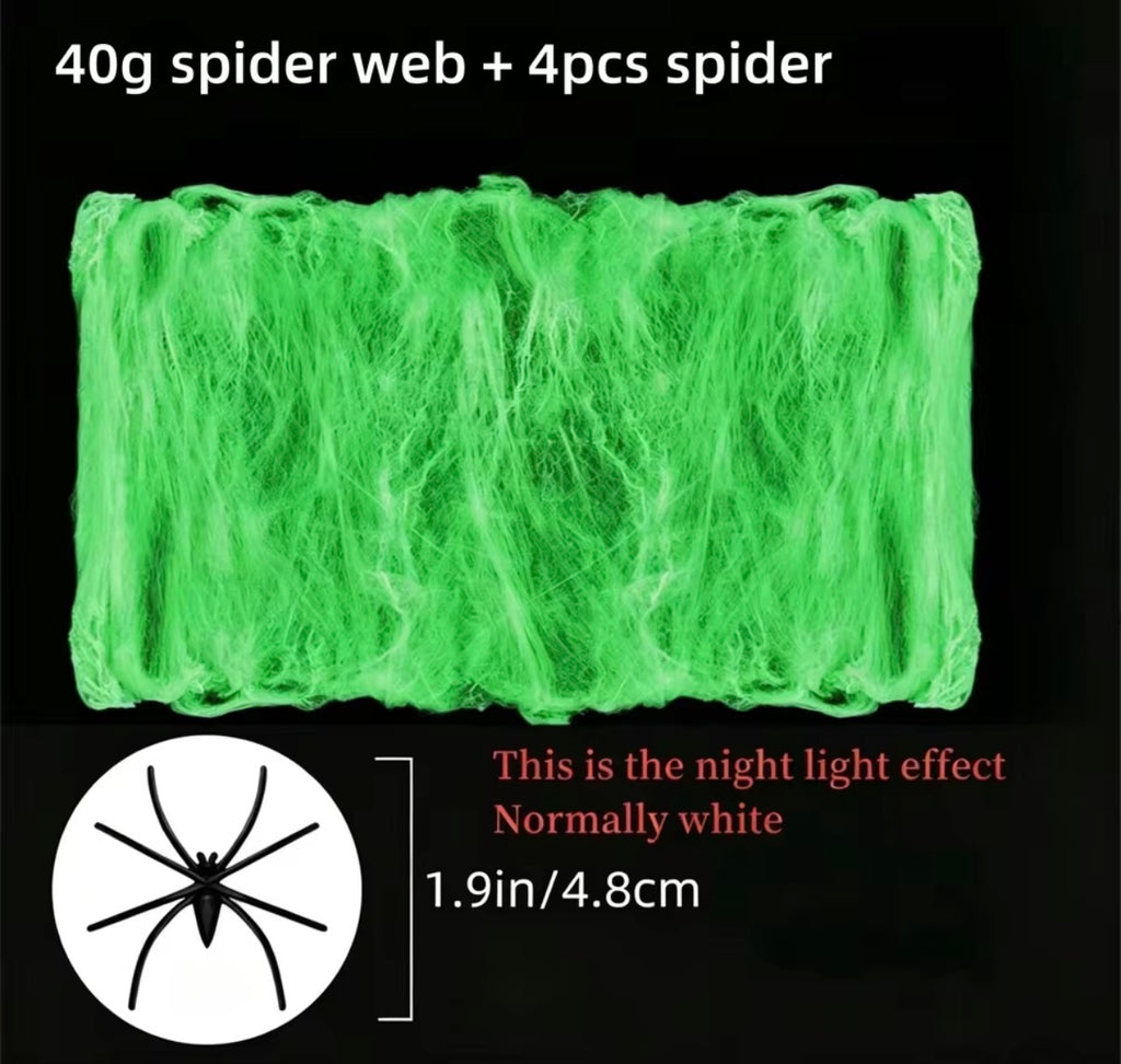 Glow in the Dark Stretch Spider Web with Spiders – Halloween Indoor & Outdoor Decor