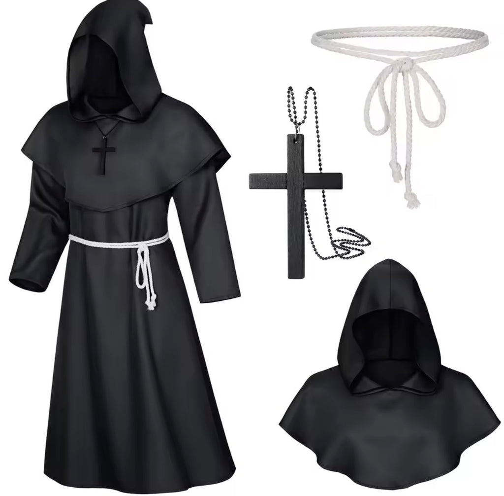 Medieval Monk Robe Costume – Hooded Friar, Sorcerer & Priest Set with Rope Belt & Cross