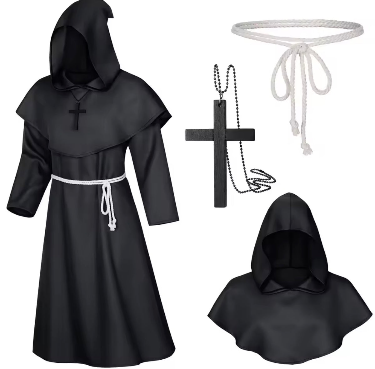 Medieval Monk Robe Costume – Hooded Friar, Sorcerer & Priest Set with Rope Belt & Cross