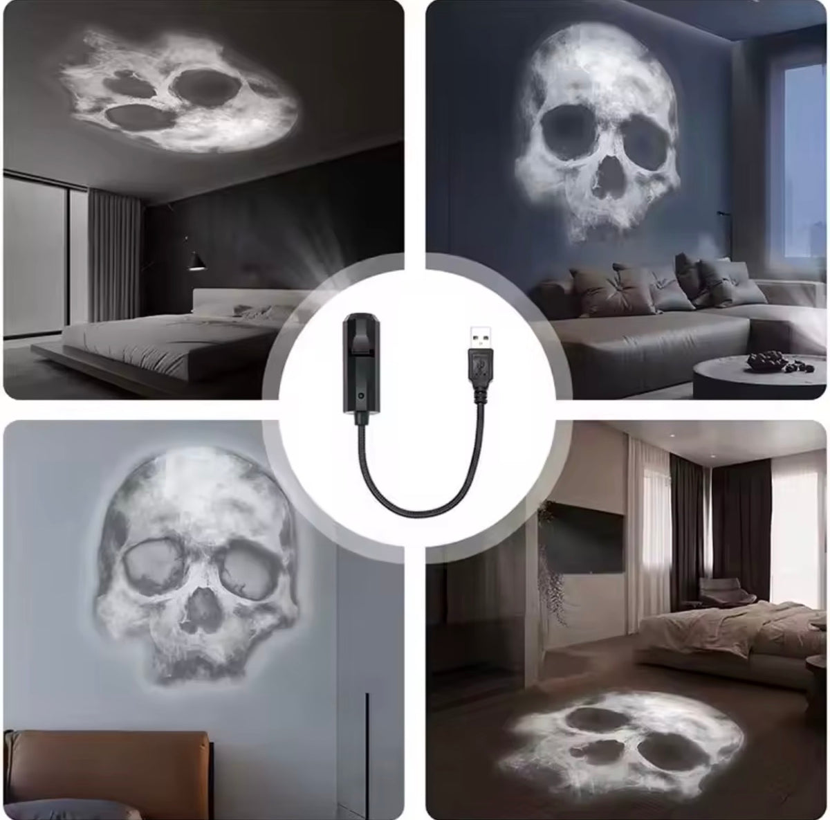 Halloween Skull Projector Light – USB Mini Projector with 3 Spooky Slides