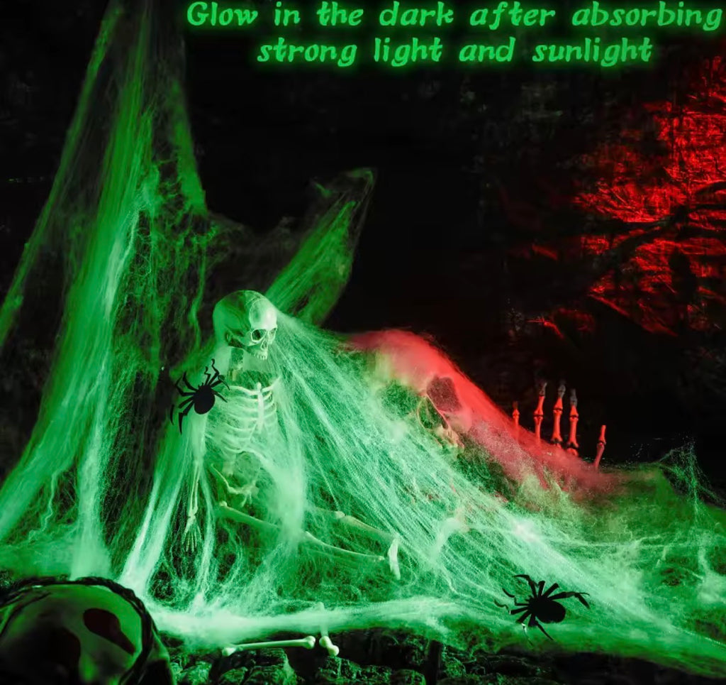 Glow in the Dark Stretch Spider Web with Spiders – Halloween Indoor & Outdoor Decor