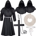 Medieval Monk Robe Costume – Hooded Friar, Sorcerer & Priest Set with Rope Belt & Cross