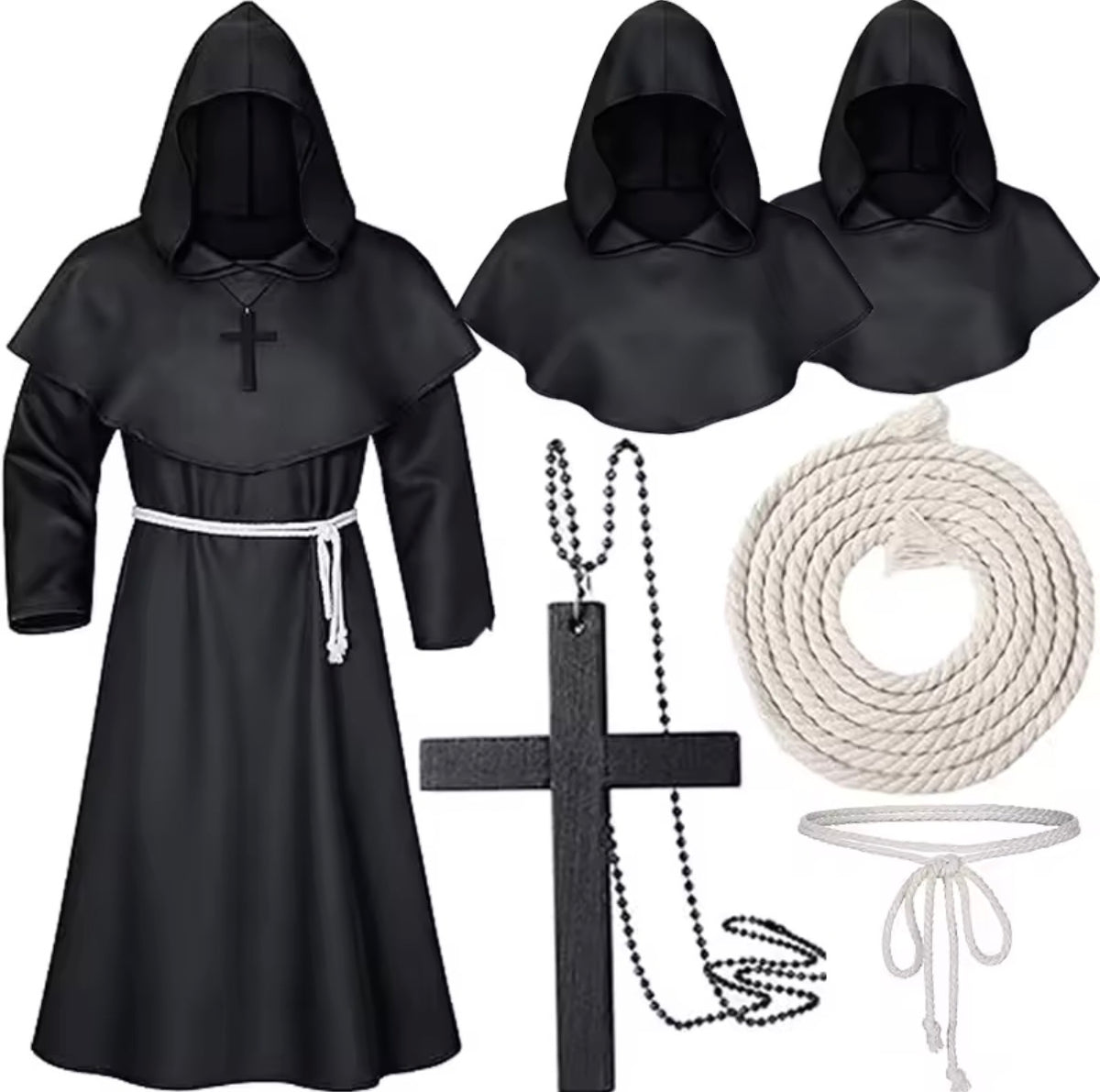 Medieval Monk Robe Costume – Hooded Friar, Sorcerer & Priest Set with Rope Belt & Cross