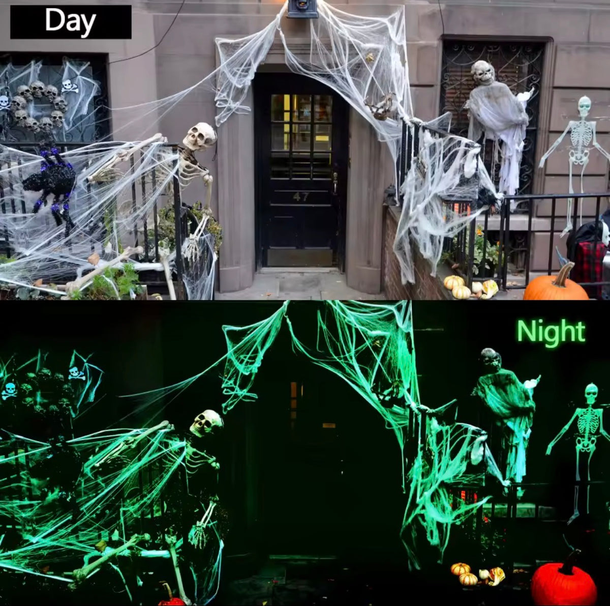 Glow in the Dark Stretch Spider Web with Spiders – Halloween Indoor & Outdoor Decor