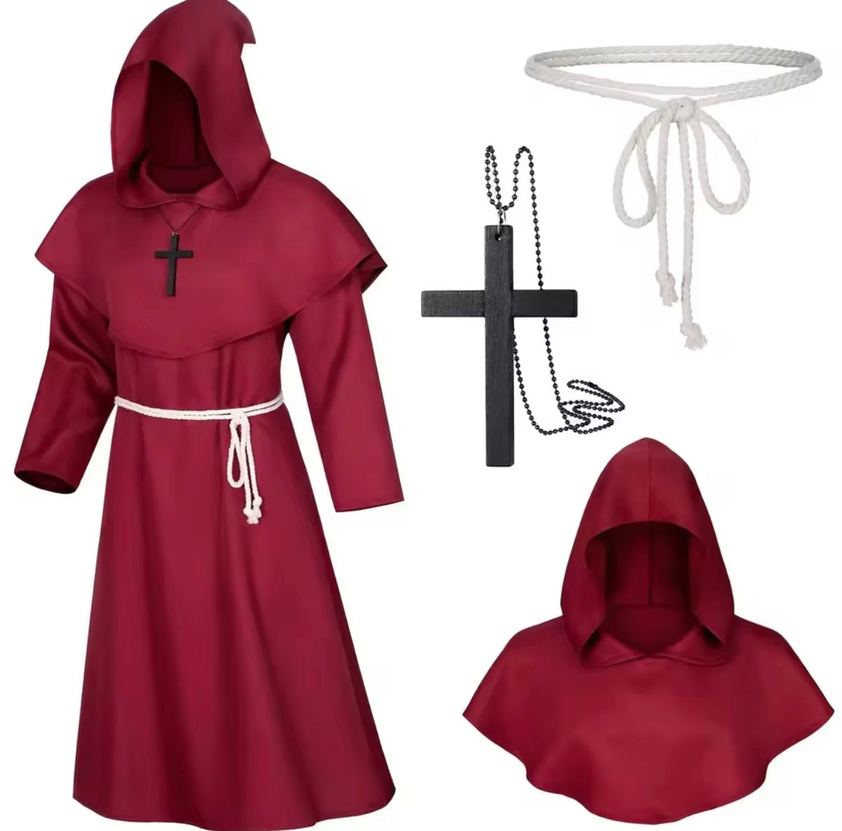 Medieval Monk Robe Costume – Hooded Friar, Sorcerer & Priest Set with Rope Belt & Cross
