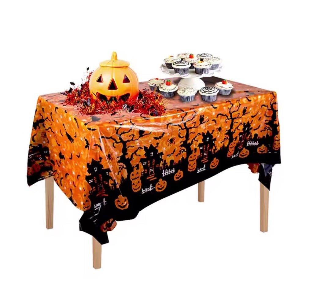 Halloween Tablecloth – Pumpkin, Ghost & Haunted House Plastic Table Cover (51" x 87")