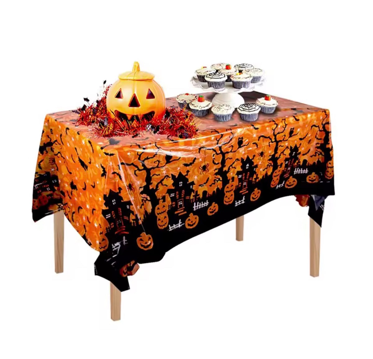 Halloween Tablecloth – Pumpkin, Ghost & Haunted House Plastic Table Cover (51" x 87")